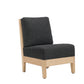 A modern accent chair with a dark charcoal gray upholstered seat and backrest, supported by a light natural wood frame with tapered legs, shown against a plain white background.