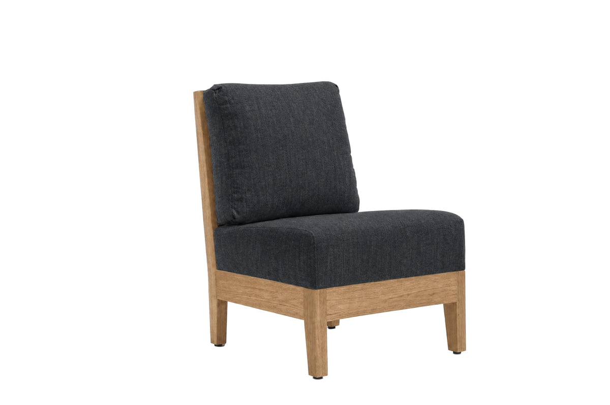 A modern accent chair with a dark charcoal gray textured fabric cushion and a light natural oak wood frame, shown against a plain white background.