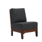 A modern accent chair with dark gray textured fabric upholstery and a dark brown wooden frame, shown from a three-quarter angle on a plain white background.