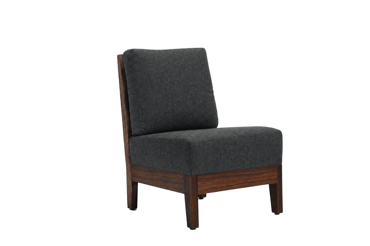 A modern accent chair with dark gray textured fabric upholstery and a dark brown wooden frame, shown from a three-quarter angle on a plain white background.