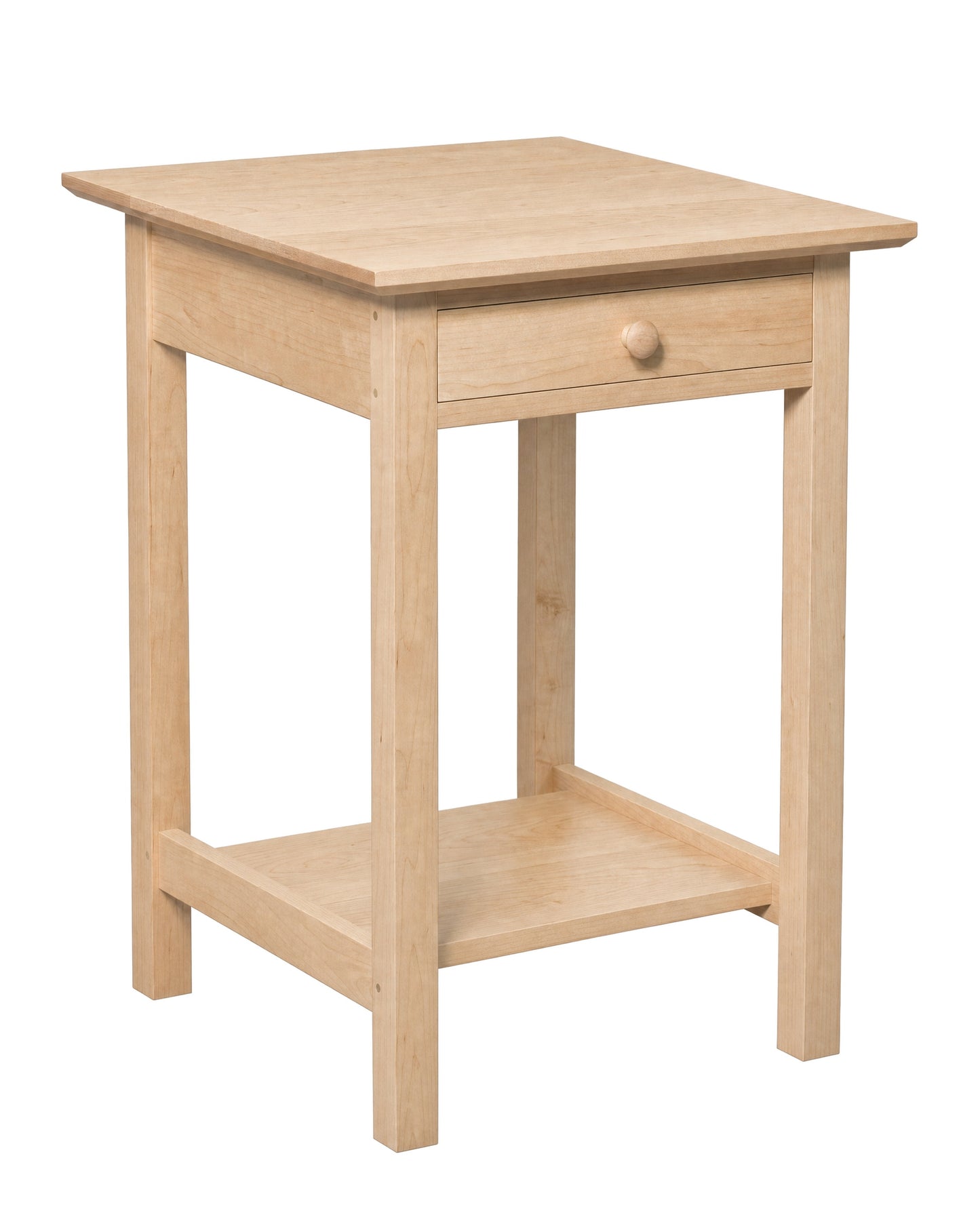 A light natural wood side table with a single drawer, round wooden knob, and an open lower shelf, shown on a plain white background.