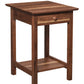 A rustic wooden side table with a single drawer, a round wooden knob, and a lower shelf, shown on a solid white background.