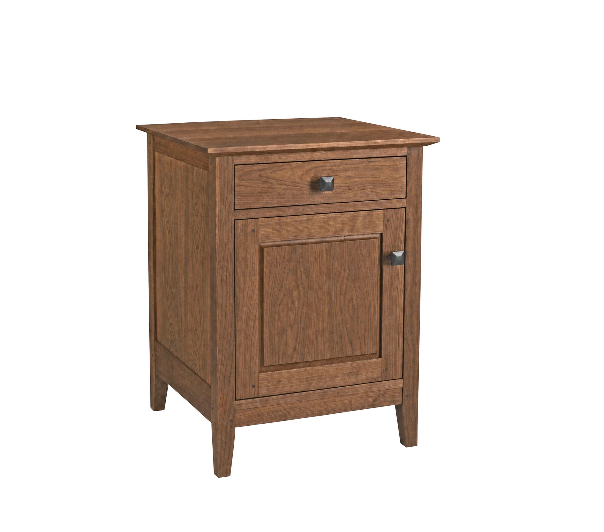 A small wooden nightstand with a single drawer and one cabinet door, finished in a warm medium brown wood tone with dark metal hardware, shown on a plain white background.