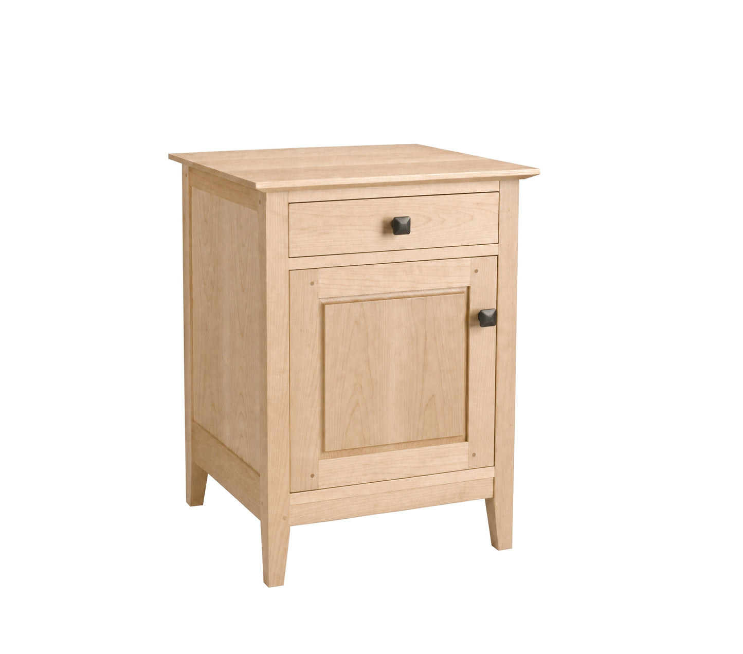 A light natural wood nightstand with a single drawer and a cabinet door, featuring dark metal knobs, shown on a plain white background.