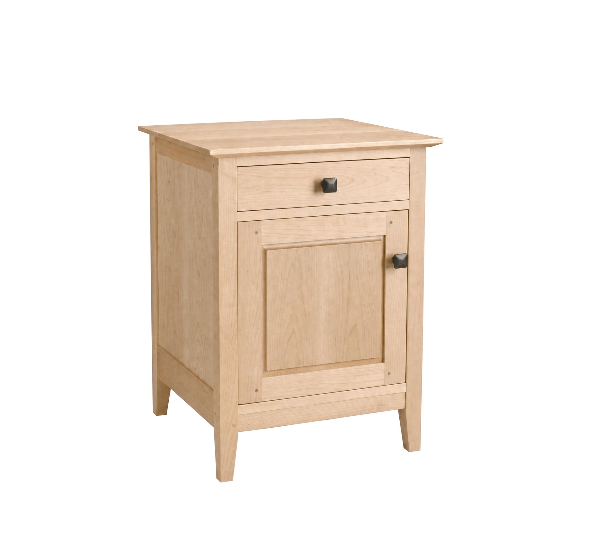 A light natural wood nightstand with a single drawer and a cabinet door, featuring dark metal knobs, shown on a plain white background.