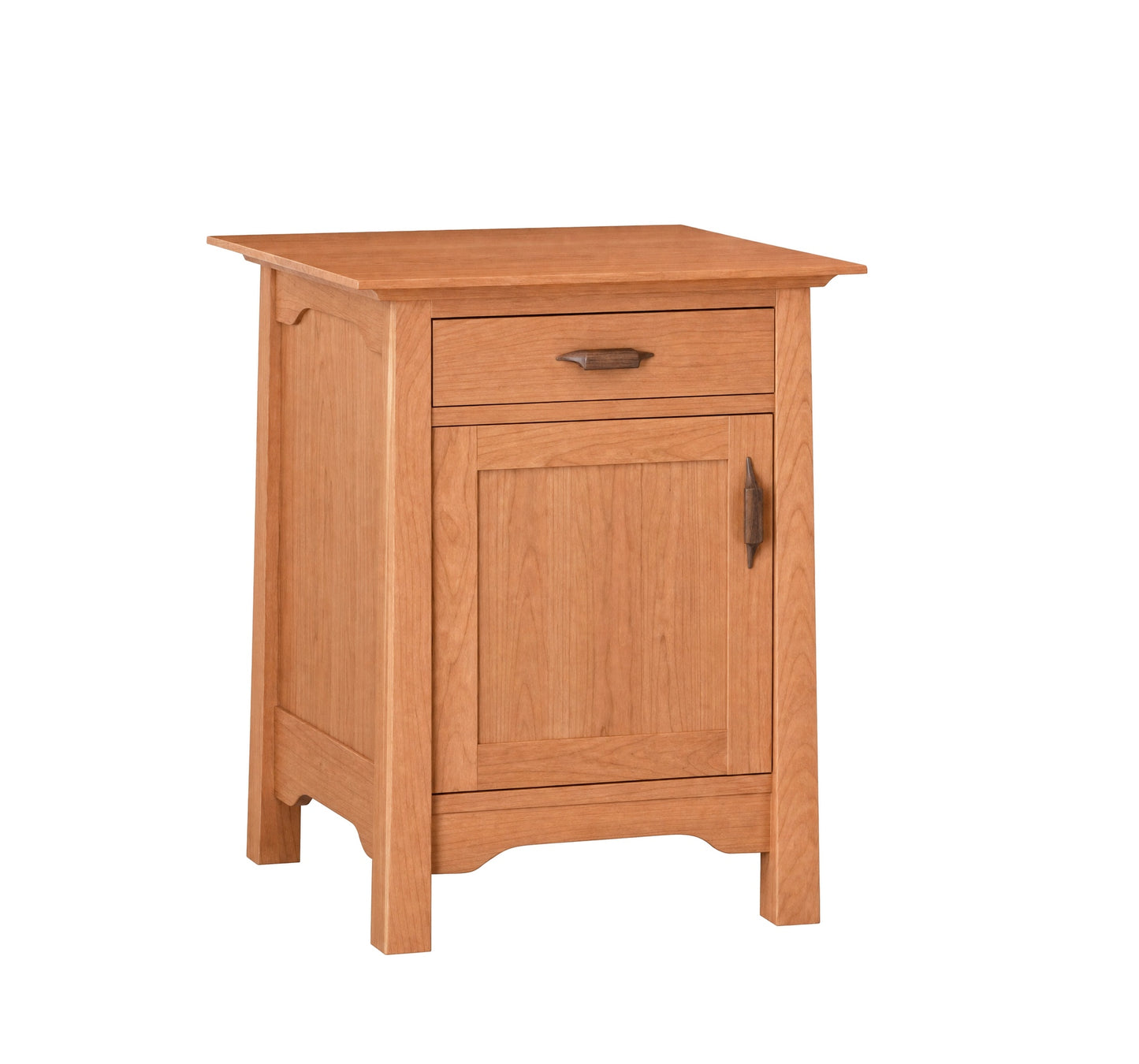 A small wooden nightstand with a warm honey oak finish, featuring a single drawer with a dark wood pull and a single cabinet door with a matching dark wood pull, set against a plain white background.