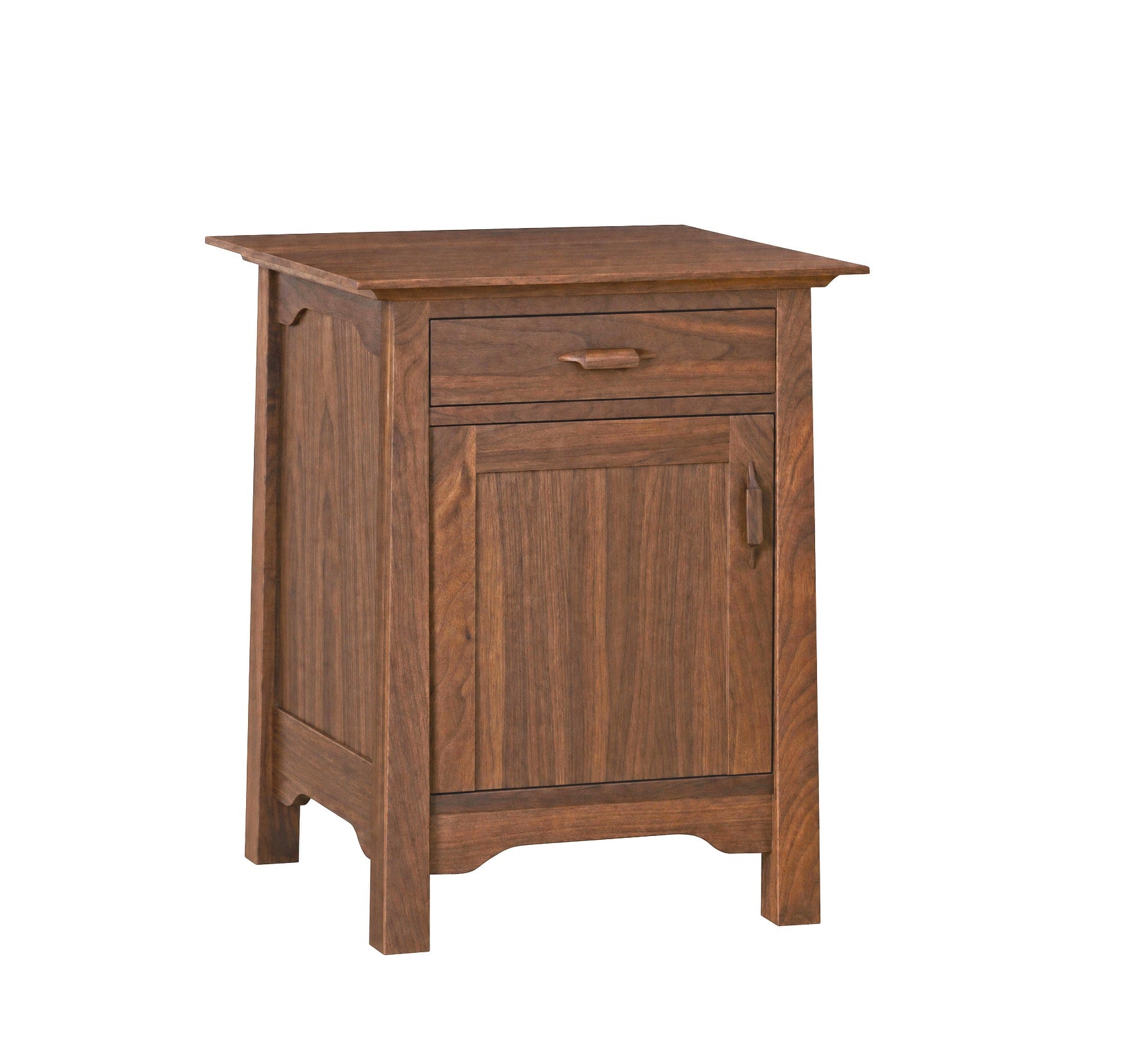 A small wooden nightstand with a medium brown finish, featuring a single drawer on top and a cabinet door below, shown against a plain white background.