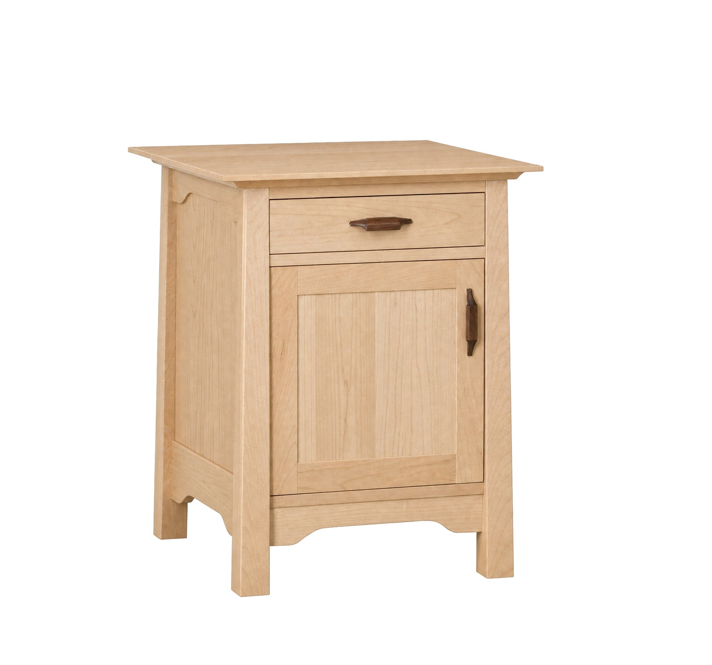 A light natural oak nightstand with a single drawer and one cabinet door, featuring dark wood handles, shown on a plain white background.