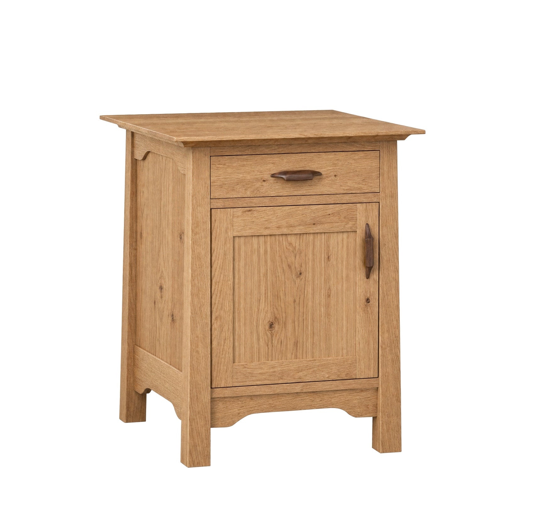 A small oak nightstand with a single drawer and one cabinet door, featuring dark wood handles and a natural wood grain finish, shown on a plain white background.
