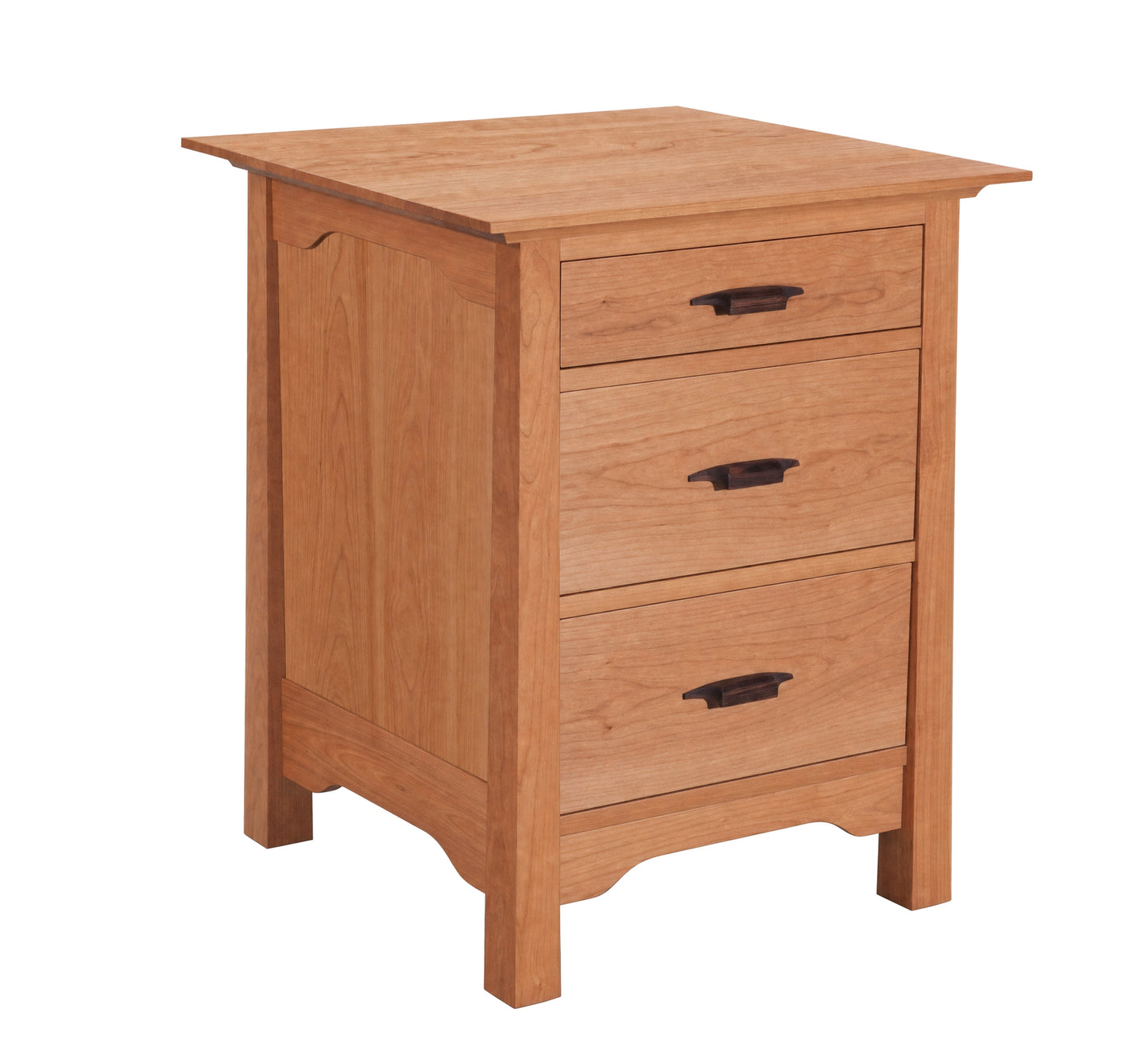 A three-drawer wooden nightstand with a warm honey-oak finish and dark wood drawer pulls, shown on a plain white background.
