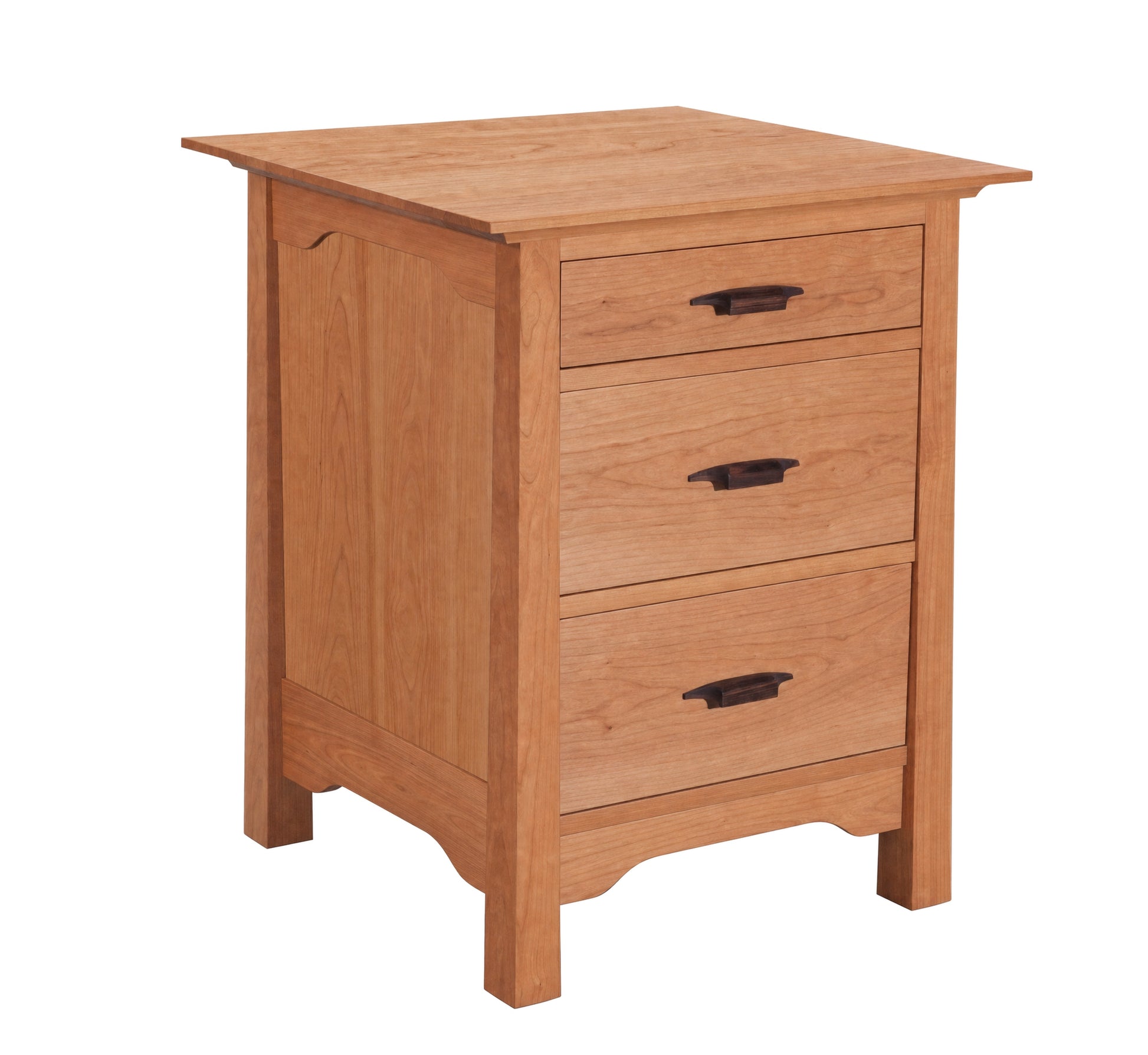 A three-drawer wooden nightstand with a warm honey-oak finish and dark wood drawer pulls, shown on a plain white background.