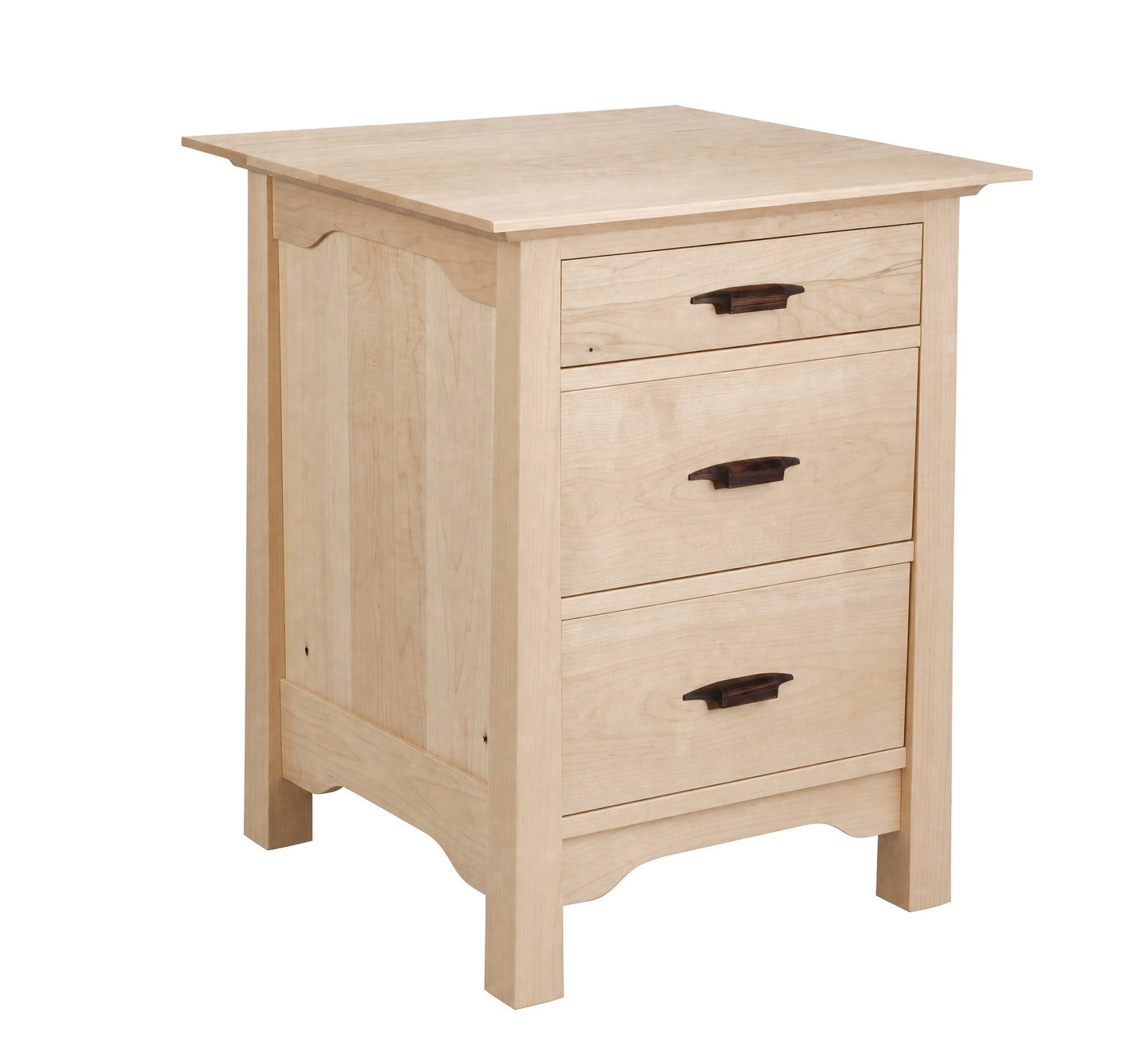 A light natural wood three-drawer nightstand with dark brown wood drawer pulls, shown on a solid white background.