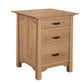 A three-drawer wooden nightstand with a warm oak finish, featuring dark wood drawer pulls and a flat top, shown on a solid white background.