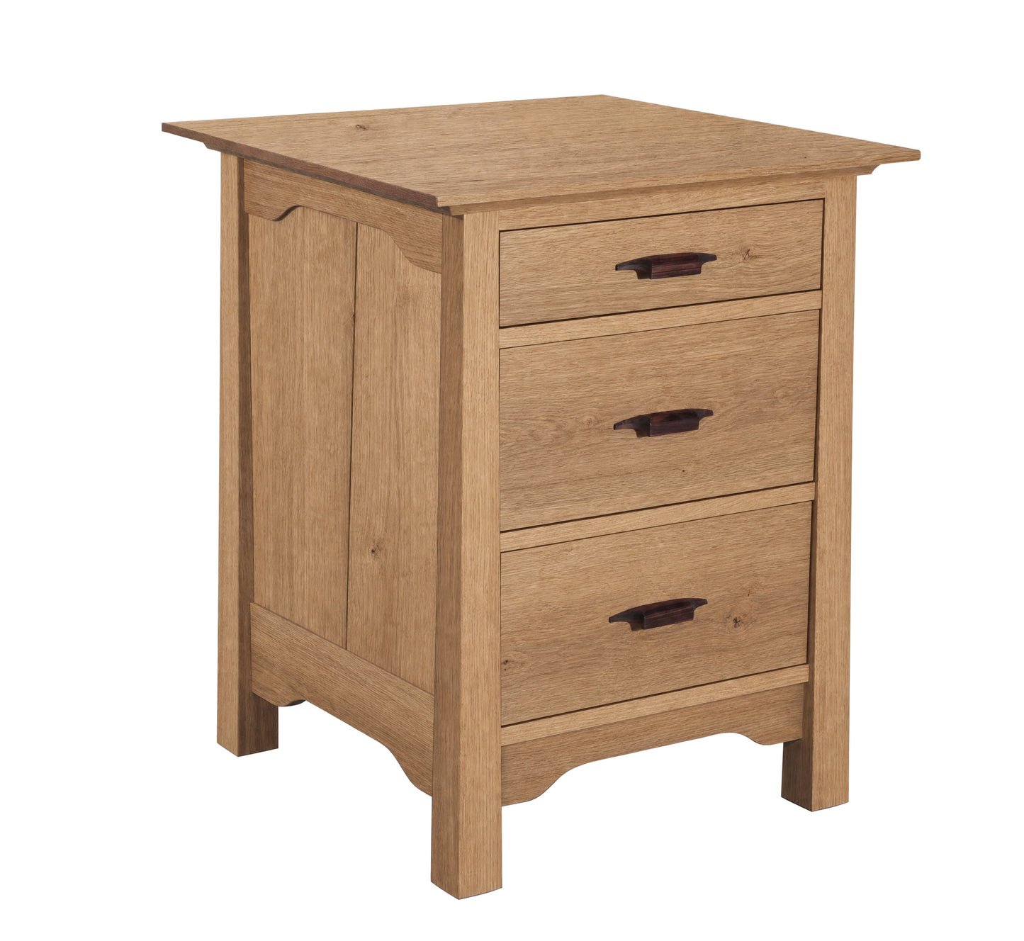 A three-drawer wooden nightstand with a warm oak finish, featuring dark wood drawer pulls and a flat top, shown on a solid white background.