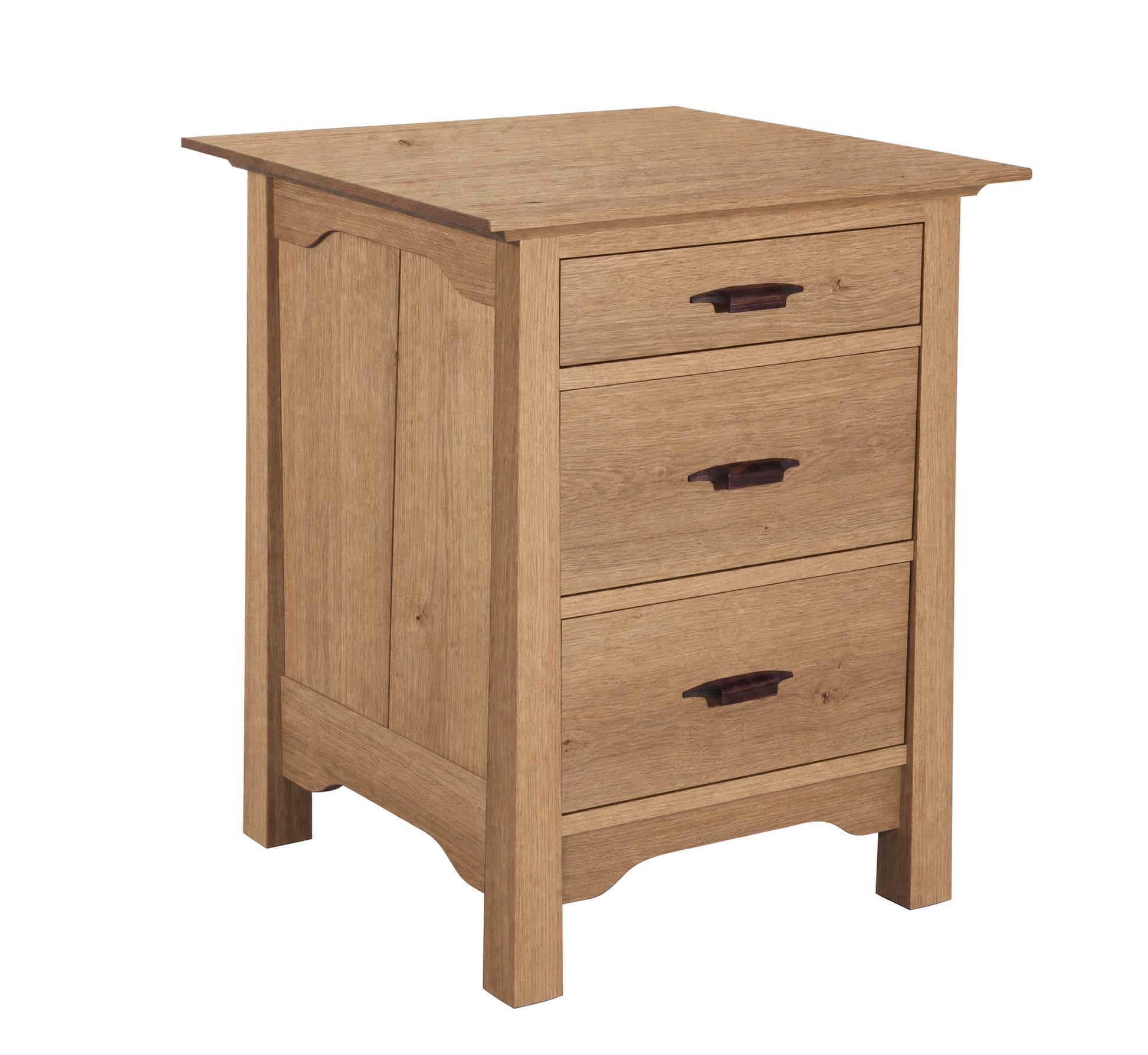A three-drawer wooden nightstand with a warm oak finish, featuring dark wood drawer pulls and a flat top, shown on a solid white background.