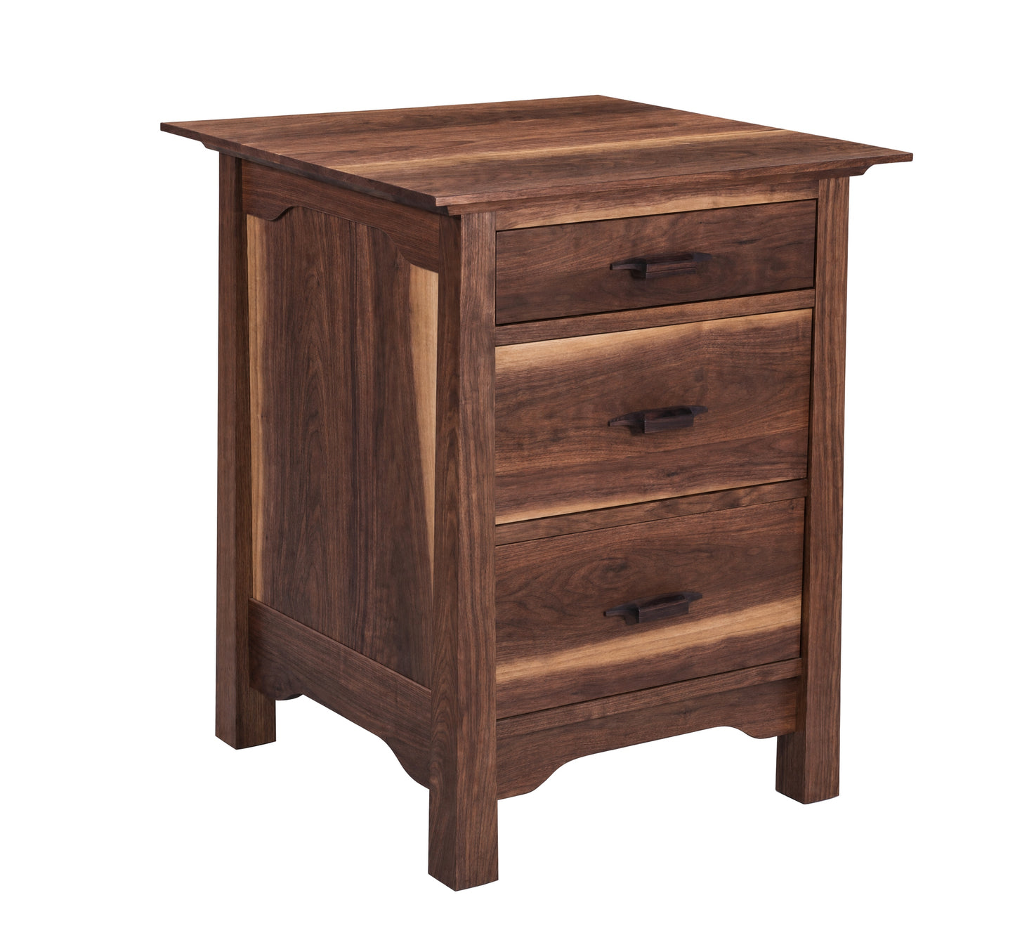 A three-drawer wooden nightstand with a dark brown finish and black walnut drawer pulls, shown on a plain white background.