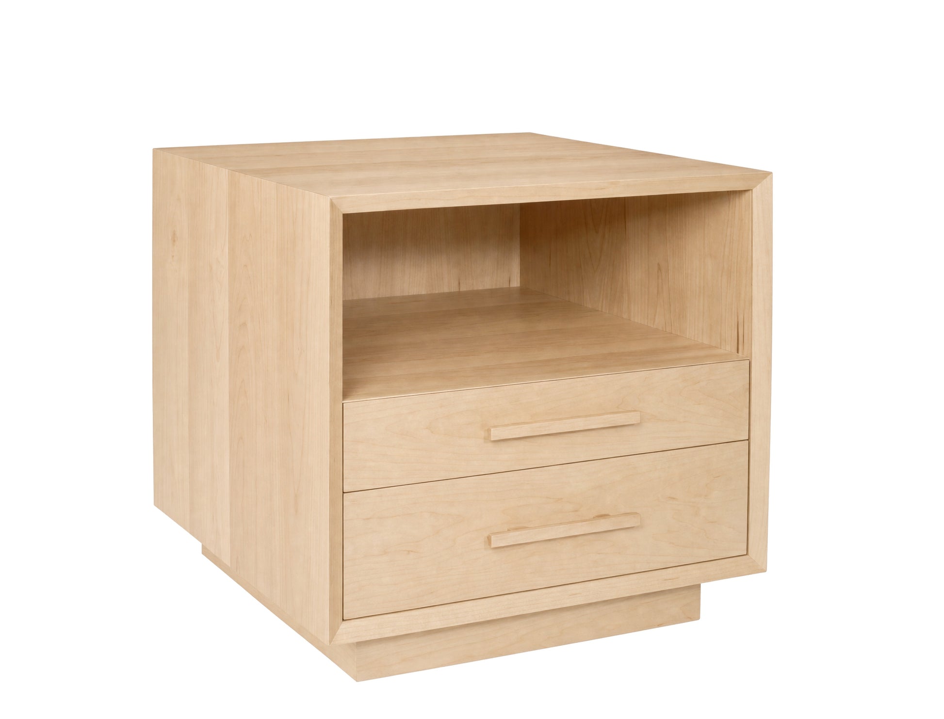 A light natural wood nightstand with two drawers and an open shelf, shown on a plain white background.