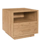 A modern two-drawer nightstand in light oak wood with an open shelf on top, shown on a plain white background.