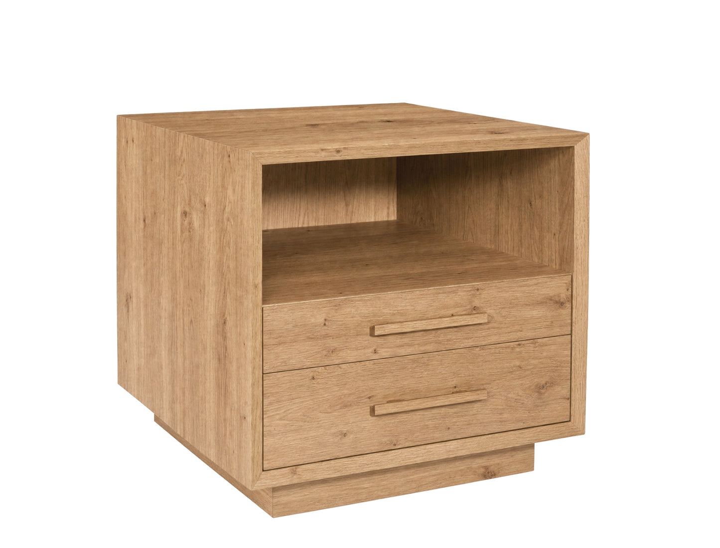 A modern two-drawer nightstand in light oak wood with an open shelf on top, shown on a plain white background.