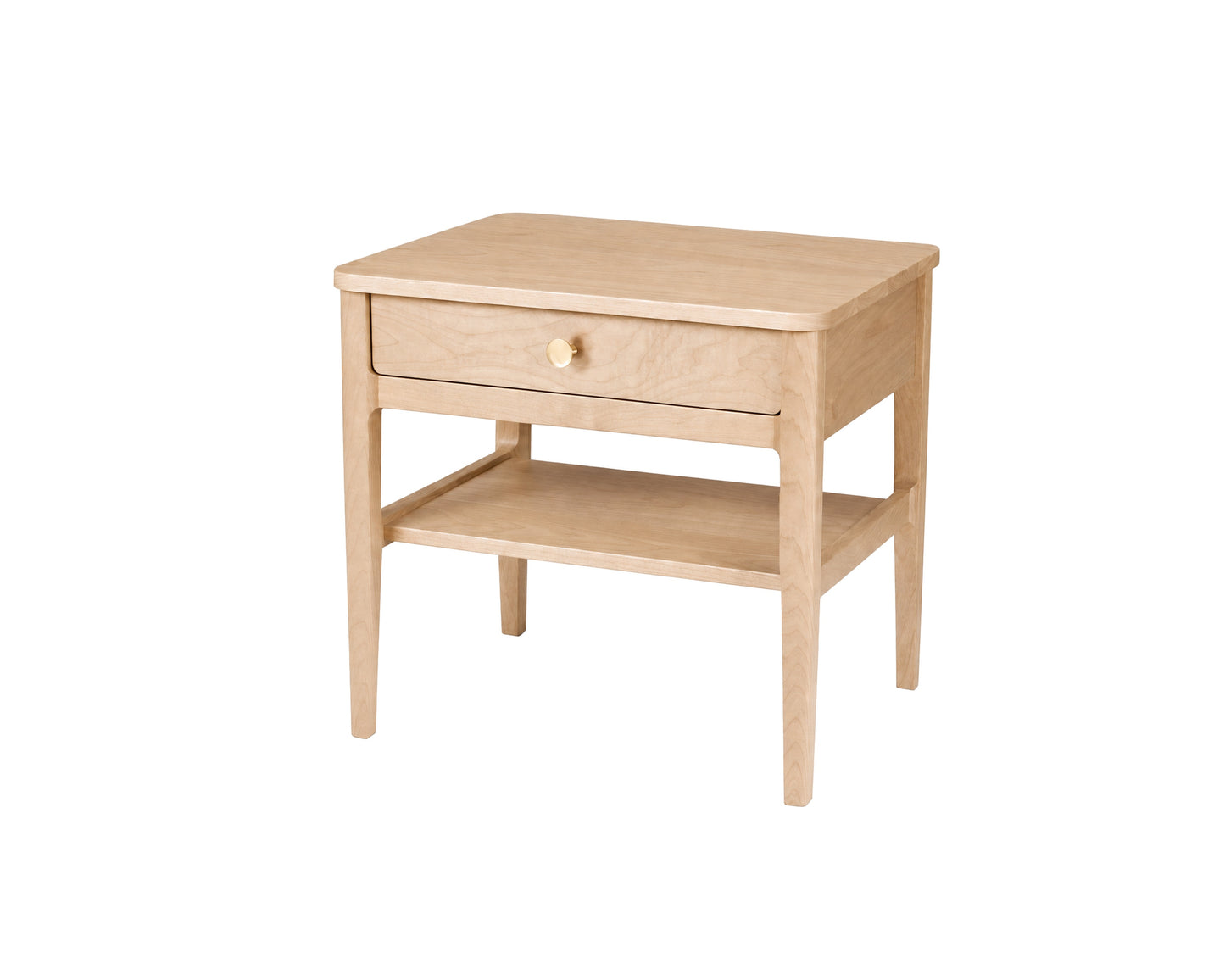 A light natural wood nightstand with a single drawer, a lower shelf, and a small metal wooden knob, shown on a plain white background.