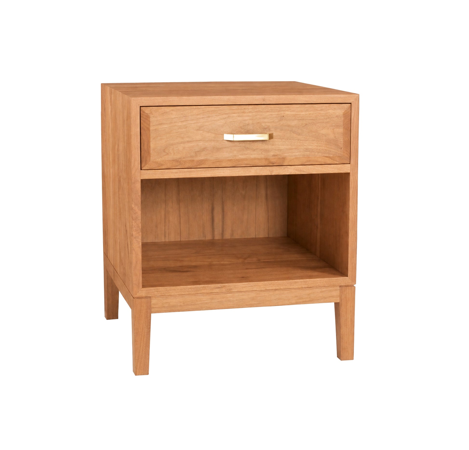 A mid-century modern wooden nightstand with a single drawer, open lower shelf, and tapered legs, finished in a warm medium brown wood tone with a small gold metal handle.