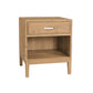 A light oak wood nightstand with a single drawer featuring a silver metal pull handle and an open lower shelf, shown on a plain white background.