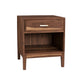 A mid-century modern wooden nightstand with a single drawer, open lower shelf, and tapered legs, finished in dark walnut brown with a small silver metal handle.