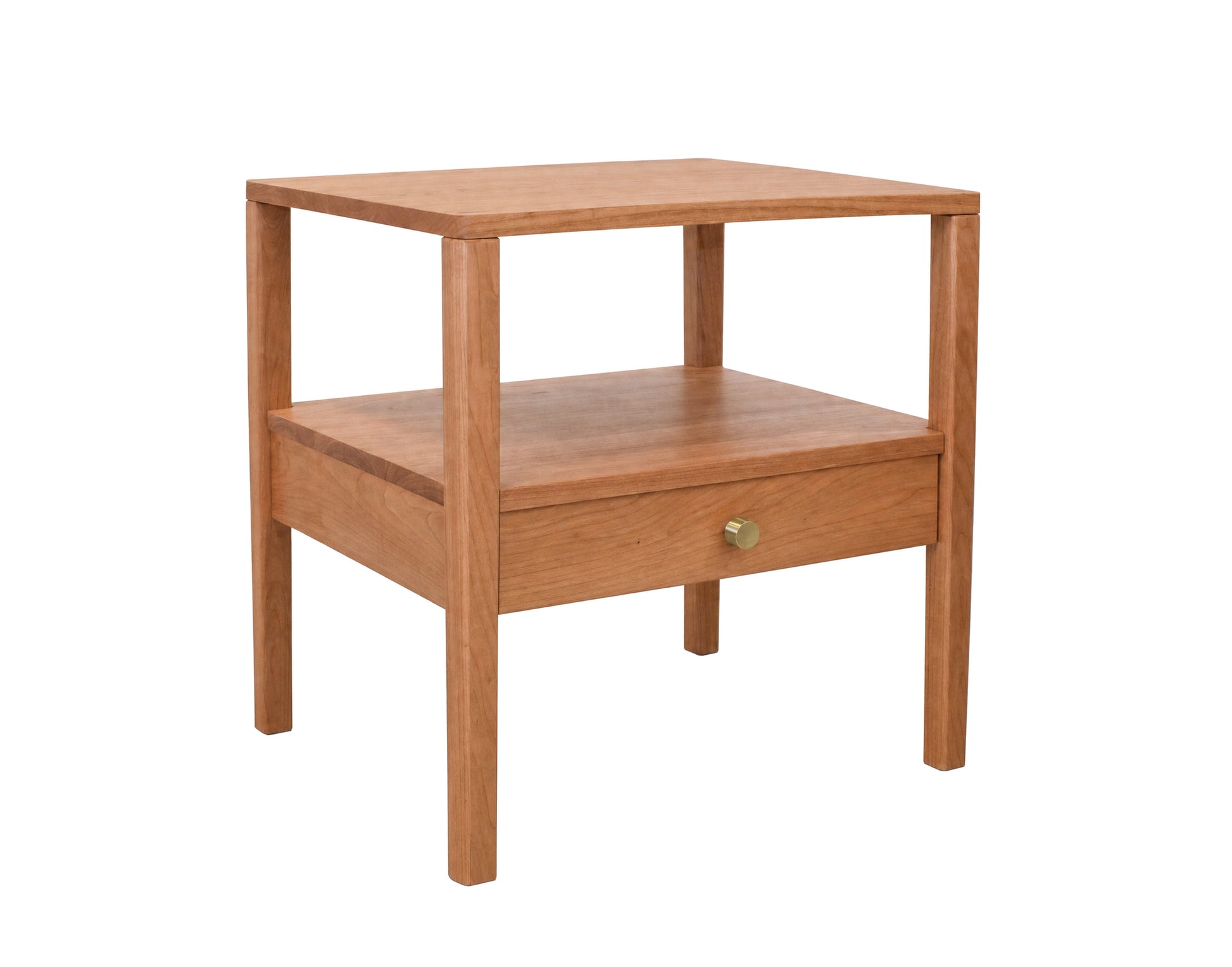 A mid-century modern wooden end table with a single drawer, featuring a warm medium-brown wood finish and a small brass knob, isolated on a white background.
