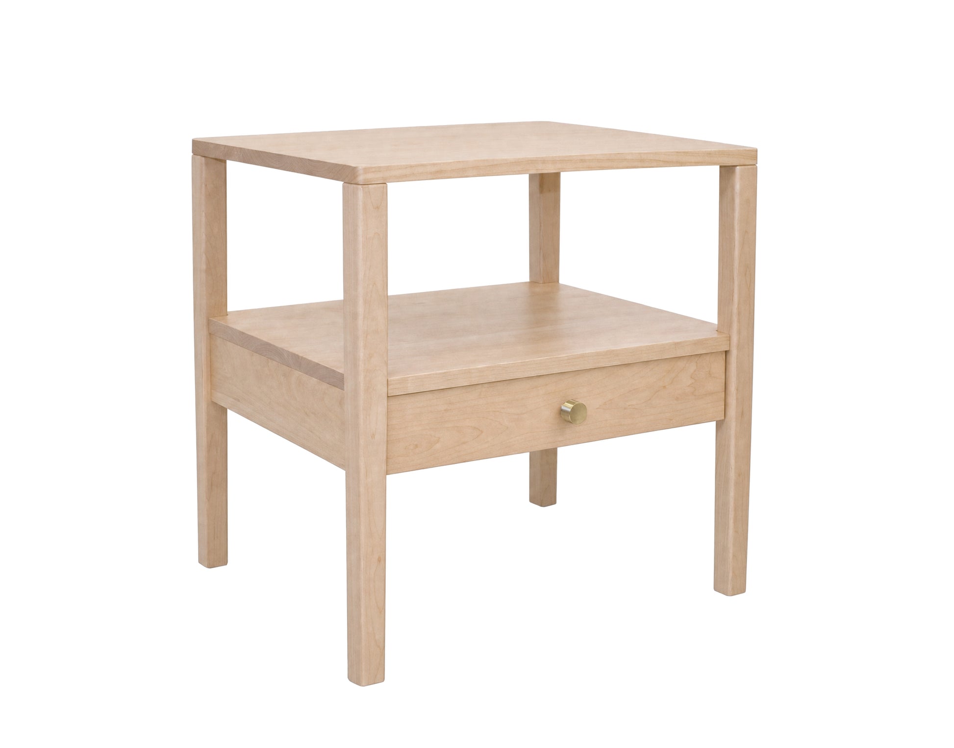 A light natural wood side table with one drawer and an open lower shelf, shown on a plain white background.