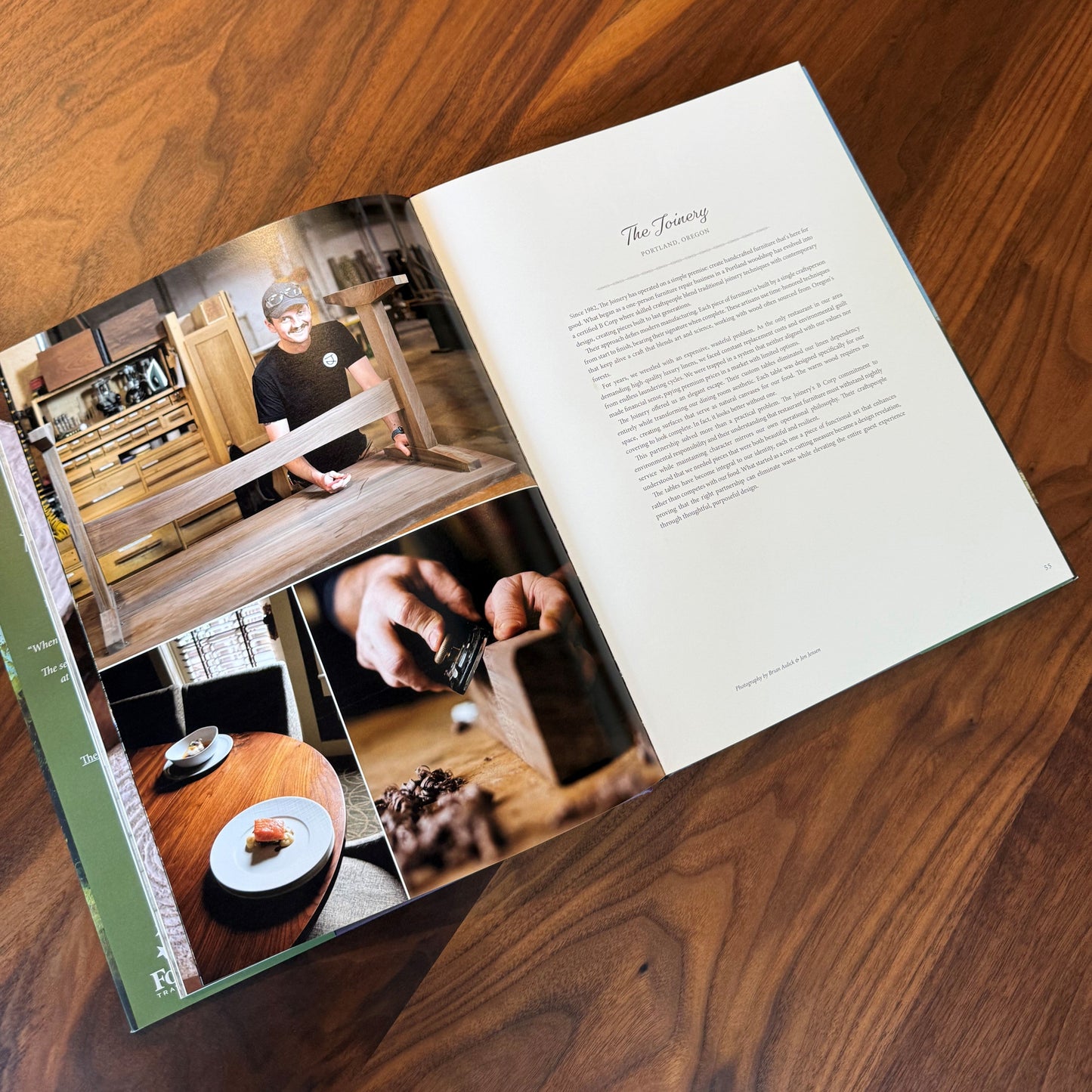 Open book on a wooden surface with images and text