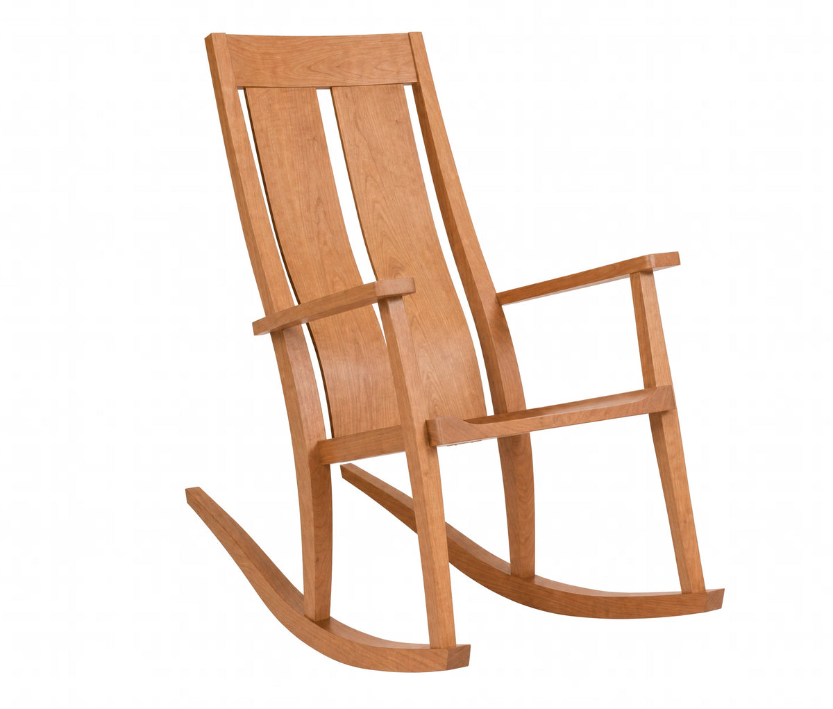 A wooden rocking chair with a warm medium-brown finish, featuring a slatted backrest and curved rockers, isolated on a white background.