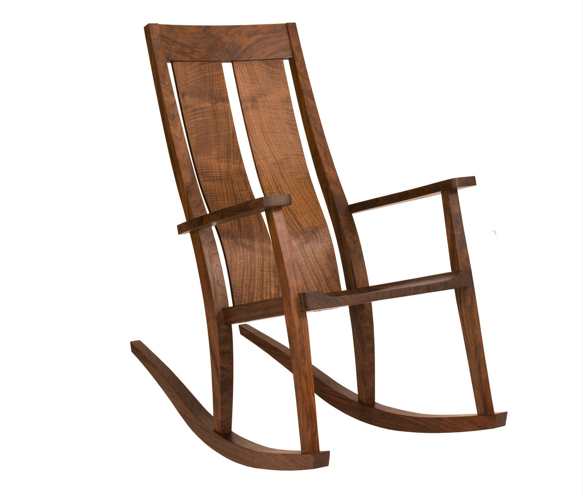 A wooden rocking chair with a warm medium-brown finish and visible wood grain, shown against a plain white background.