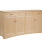 A light natural wood sideboard cabinet with three drawers on top and three paneled doors below, featuring small round wooden knobs, shown on a plain white background.