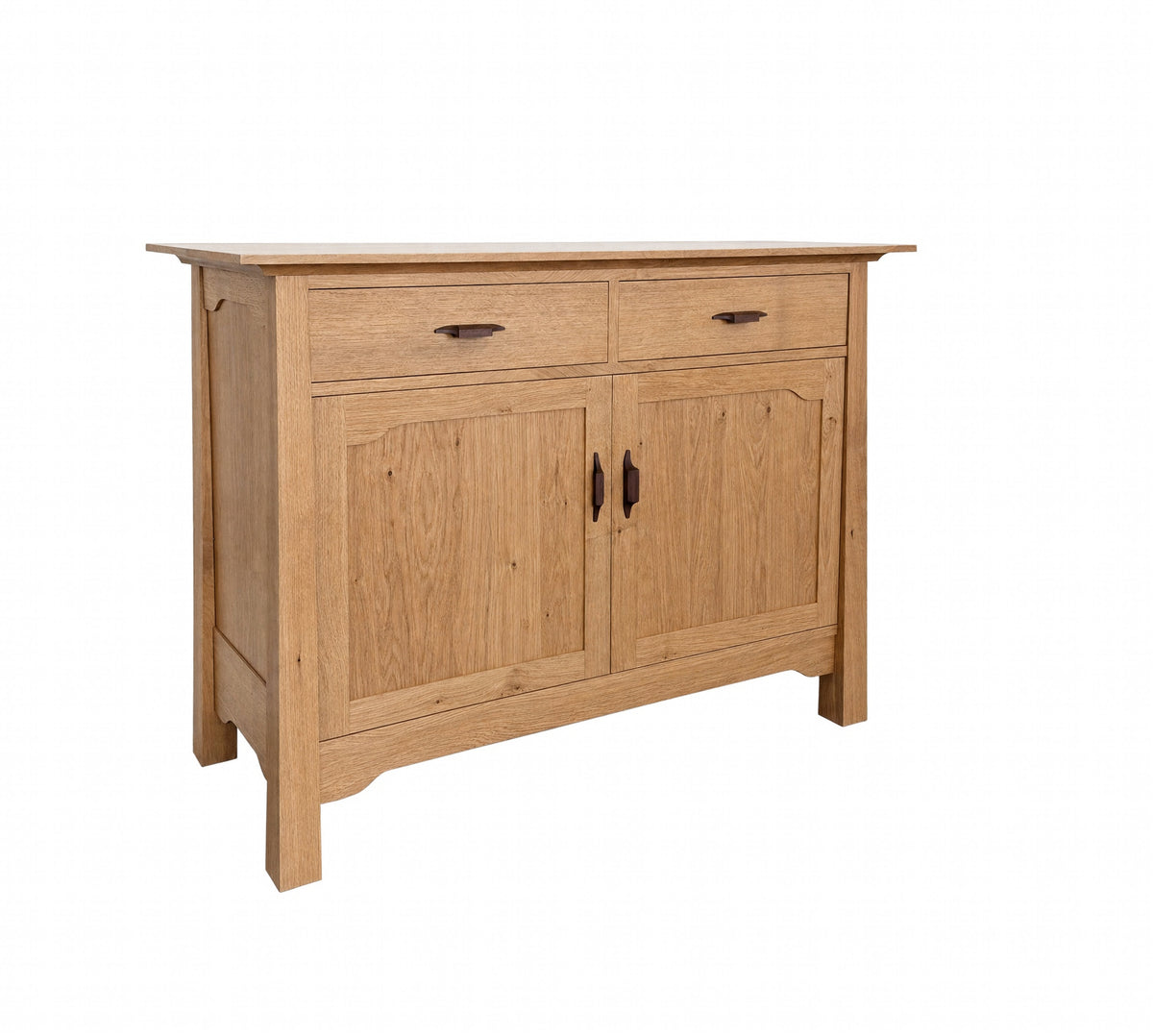 A light oak wood sideboard cabinet with two drawers on top and two paneled doors below, featuring dark wood handles, shown on a plain white background.