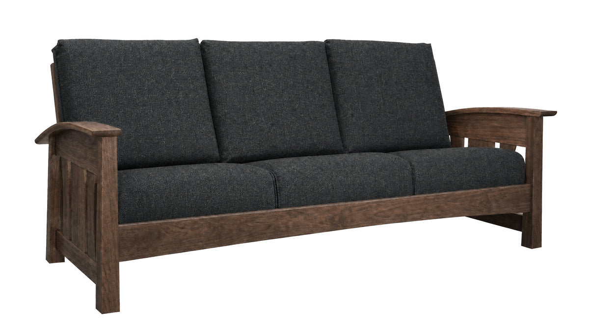 A three-seat wooden sofa with dark charcoal gray textured cushions, featuring a rustic brown wood frame and armrests, shown against a plain white background.