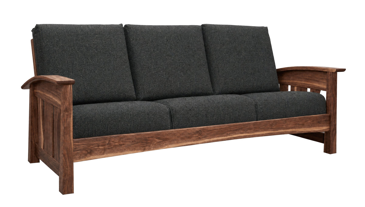 A three-seat wooden sofa with dark charcoal gray textured cushions and a medium brown wood frame, shown against a plain white background.
