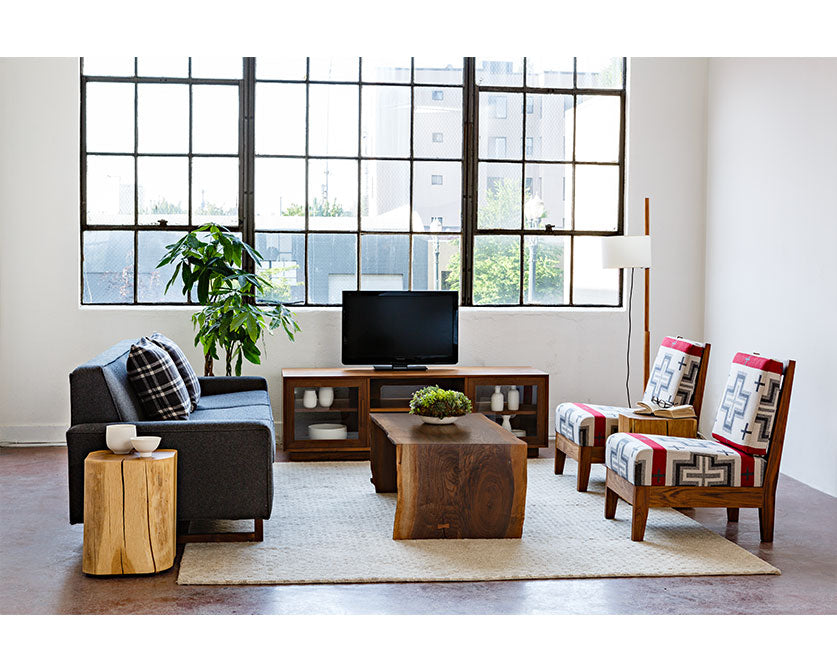 Slipper Chair in Eastern Walnut with Pendelton COM Fabric with Metro Sofa.