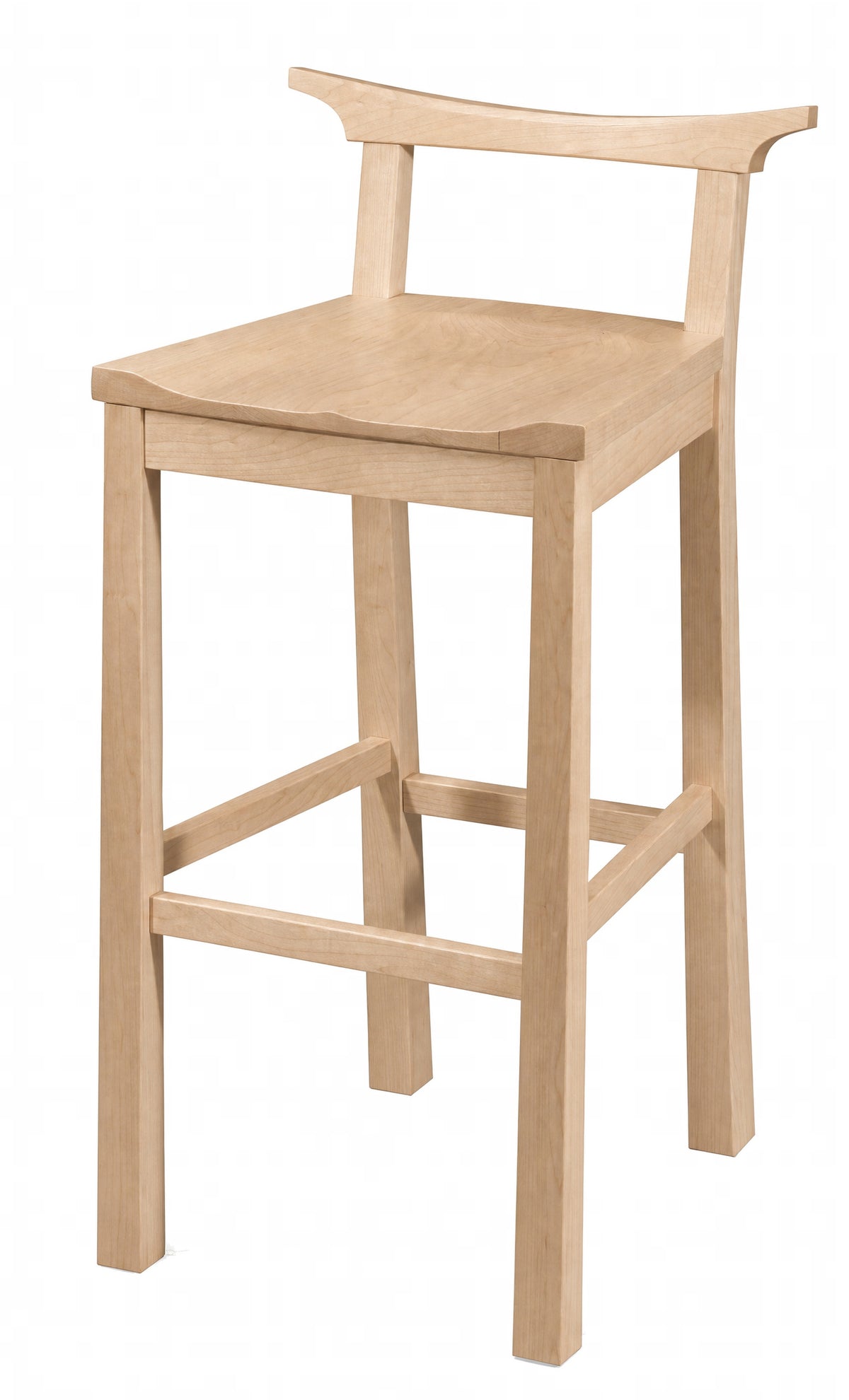 A light natural wood bar stool with a curved backrest and front support brace, shown on a plain white background.