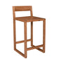 A modern wooden bar stool with a warm medium-brown finish, featuring a backrest and square legs, shown on a plain white background.