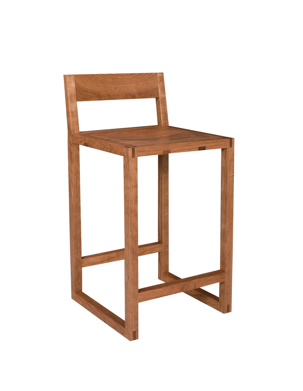 A modern wooden bar stool with a warm medium-brown finish, featuring a backrest and square legs, shown on a plain white background.