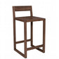 A dark brown wooden barstool with a minimalist backrest and open frame legs, shown against a plain white background.