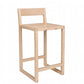 A minimalist light oak wood bar stool with a backrest, shown from a three-quarter angle on a solid white background.