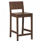 A dark brown wooden counter stool with a rectangular backrest, square seat, and four legs, shown on a plain white background.