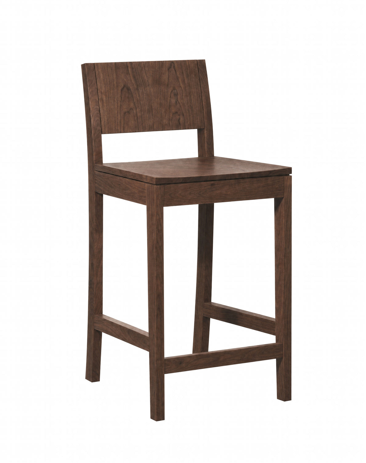 A dark brown wooden counter stool with a rectangular backrest, square seat, and four legs, shown on a plain white background.