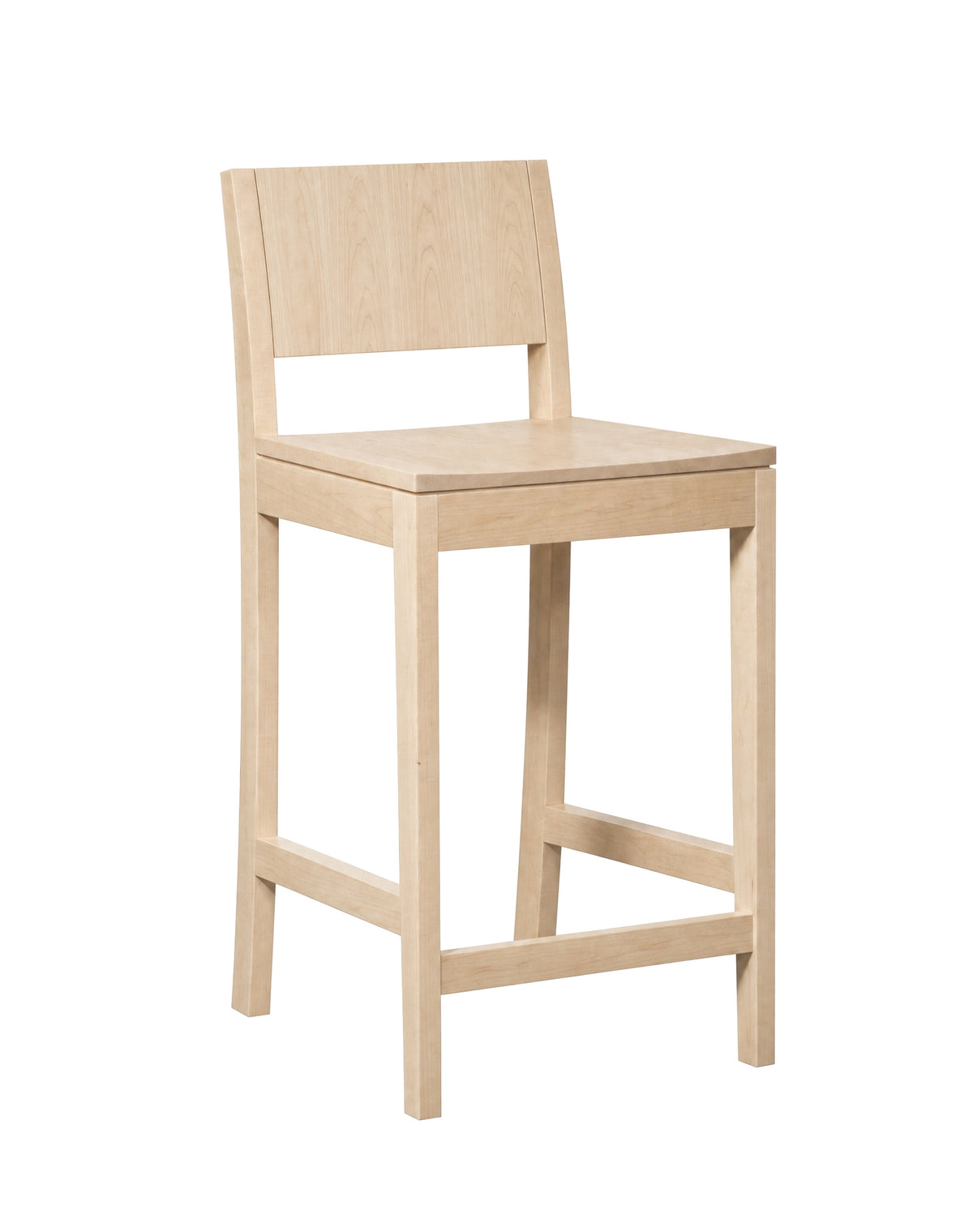 A light natural wood bar stool with a rectangular seat, a simple backrest, and four legs, shown on a plain white background.