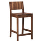 A modern wooden barstool with a dark brown walnut finish, featuring a square seat, a backrest with a central cutout, and front support legs, shown on a plain white background.