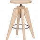 A light natural wood bar stool with a round seat, adjustable height on a metal spring, and a circular metal footrest ring, shown on a plain white background.