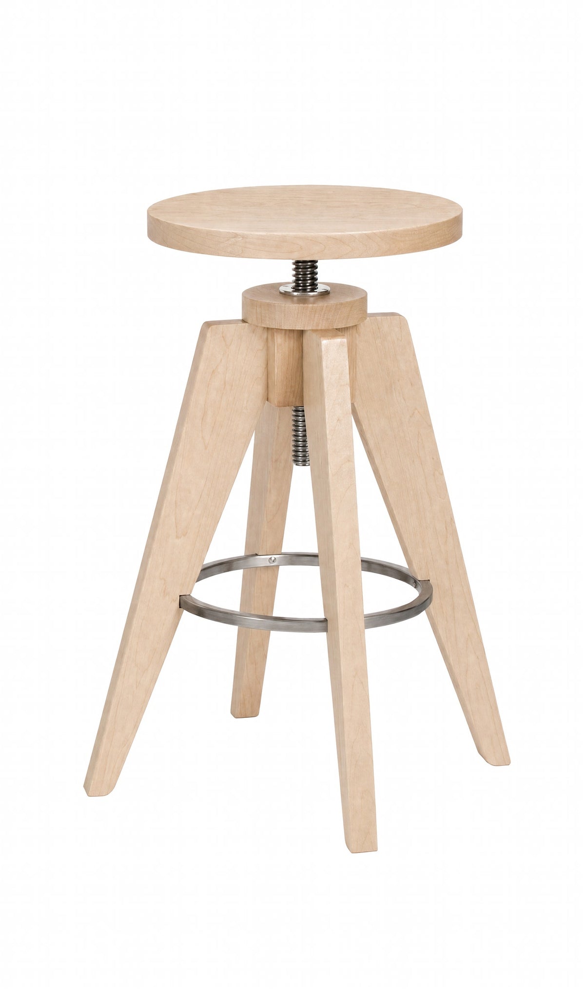 A light natural wood bar stool with a round seat, adjustable height on a metal spring, and a circular metal footrest ring, shown on a plain white background.