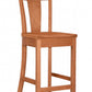 A wooden barstool with a warm medium-brown finish, featuring a slatted backrest and front support rails, shown against a plain white background.
