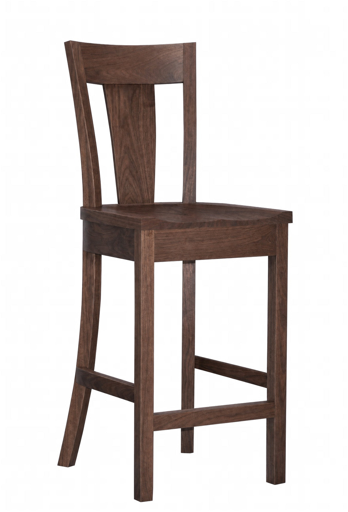 A dark brown wooden barstool with a slatted backrest and straight legs, shown against a plain white background.